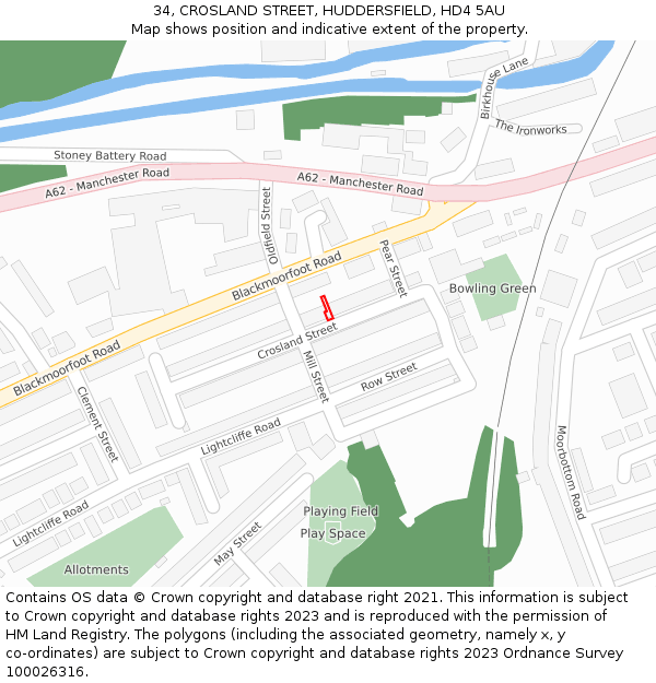 34, CROSLAND STREET, HUDDERSFIELD, HD4 5AU: Location map and indicative extent of plot