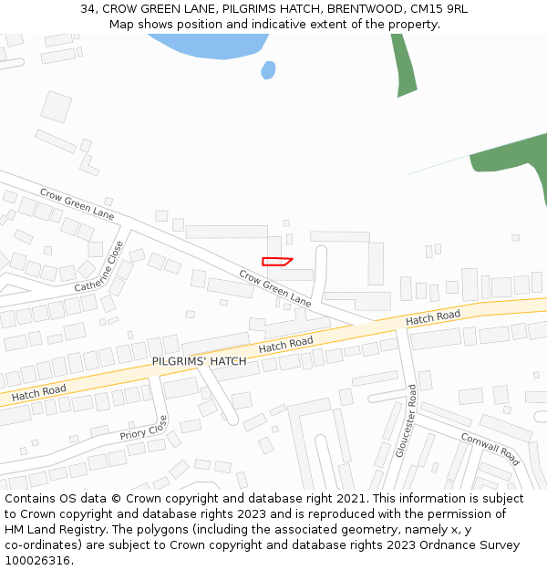 34, CROW GREEN LANE, PILGRIMS HATCH, BRENTWOOD, CM15 9RL: Location map and indicative extent of plot