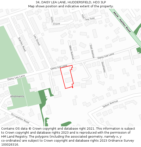34, DAISY LEA LANE, HUDDERSFIELD, HD3 3LP: Location map and indicative extent of plot