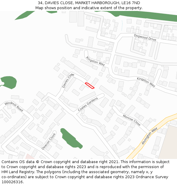 34, DAVIES CLOSE, MARKET HARBOROUGH, LE16 7ND: Location map and indicative extent of plot