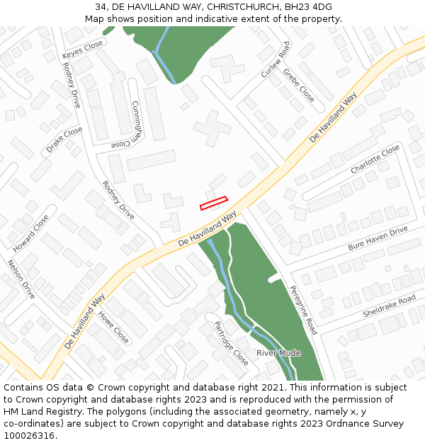 34, DE HAVILLAND WAY, CHRISTCHURCH, BH23 4DG: Location map and indicative extent of plot