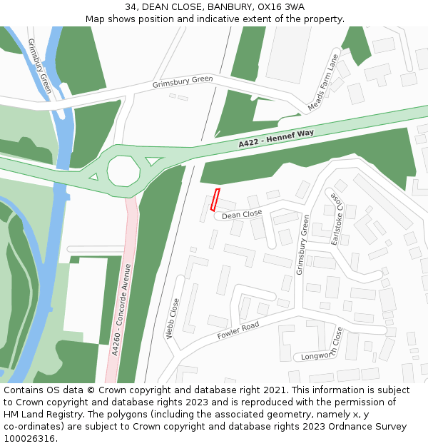 34, DEAN CLOSE, BANBURY, OX16 3WA: Location map and indicative extent of plot