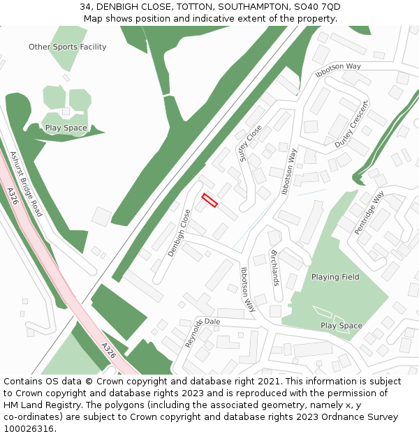 34, DENBIGH CLOSE, TOTTON, SOUTHAMPTON, SO40 7QD: Location map and indicative extent of plot