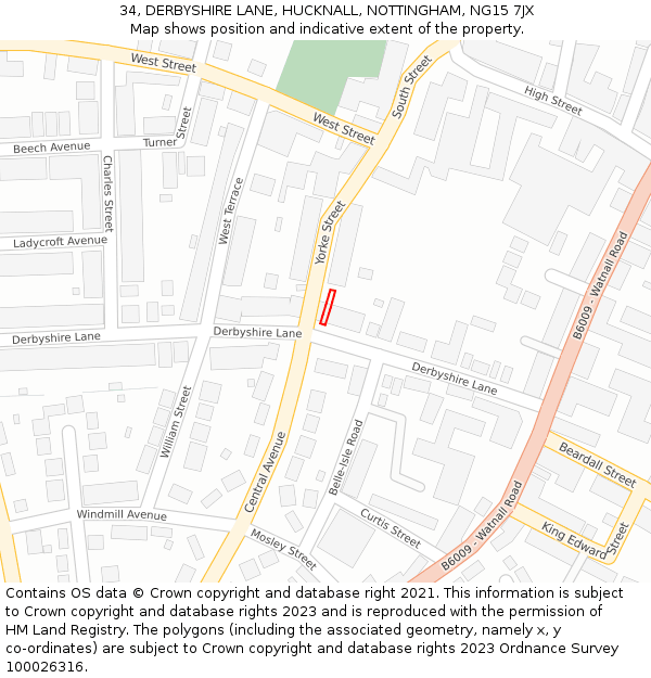 34, DERBYSHIRE LANE, HUCKNALL, NOTTINGHAM, NG15 7JX: Location map and indicative extent of plot