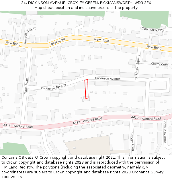 34, DICKINSON AVENUE, CROXLEY GREEN, RICKMANSWORTH, WD3 3EX: Location map and indicative extent of plot