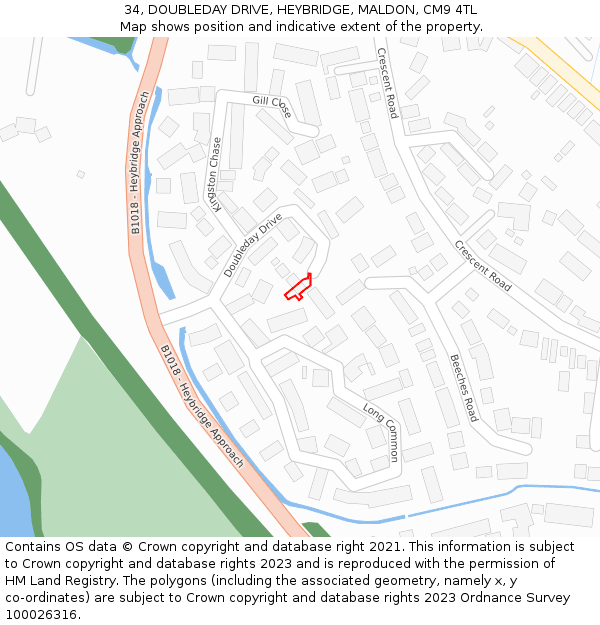 34, DOUBLEDAY DRIVE, HEYBRIDGE, MALDON, CM9 4TL: Location map and indicative extent of plot