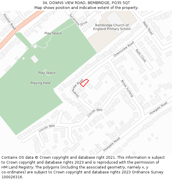 34, DOWNS VIEW ROAD, BEMBRIDGE, PO35 5QT: Location map and indicative extent of plot