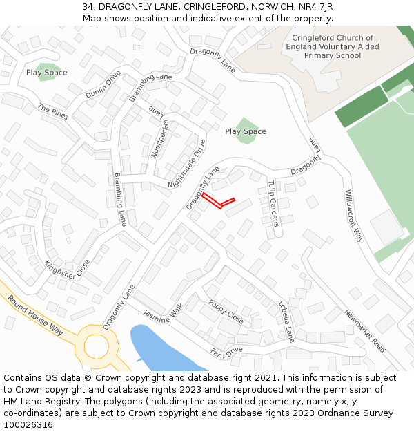 34, DRAGONFLY LANE, CRINGLEFORD, NORWICH, NR4 7JR: Location map and indicative extent of plot