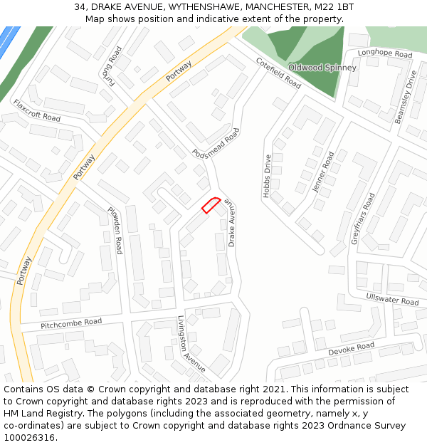 34, DRAKE AVENUE, WYTHENSHAWE, MANCHESTER, M22 1BT: Location map and indicative extent of plot