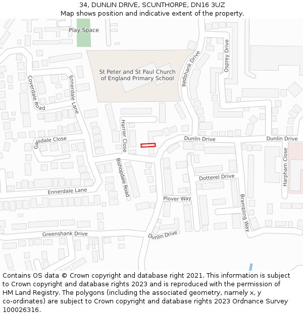 34, DUNLIN DRIVE, SCUNTHORPE, DN16 3UZ: Location map and indicative extent of plot