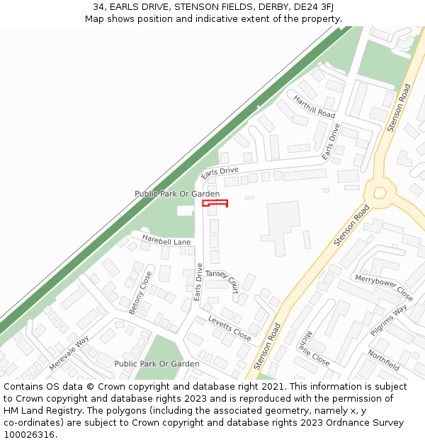34, EARLS DRIVE, STENSON FIELDS, DERBY, DE24 3FJ: Location map and indicative extent of plot