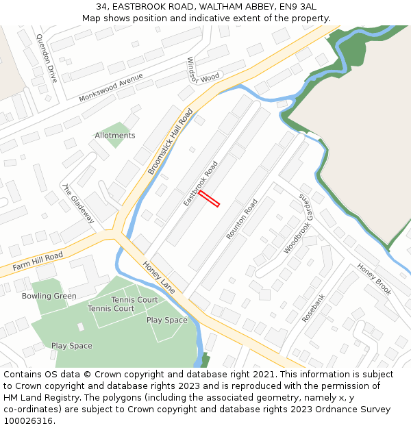 34, EASTBROOK ROAD, WALTHAM ABBEY, EN9 3AL: Location map and indicative extent of plot