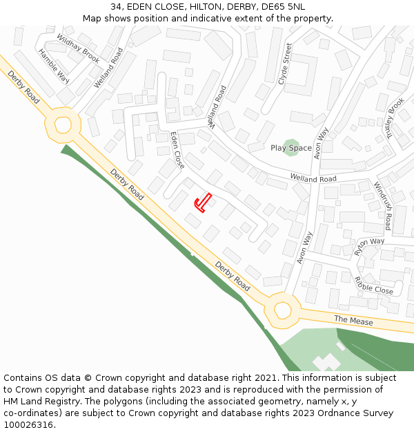 34, EDEN CLOSE, HILTON, DERBY, DE65 5NL: Location map and indicative extent of plot