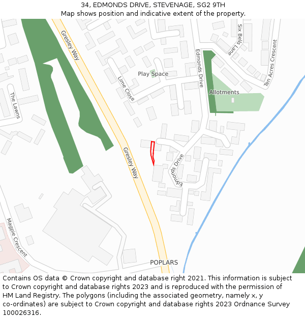 34, EDMONDS DRIVE, STEVENAGE, SG2 9TH: Location map and indicative extent of plot