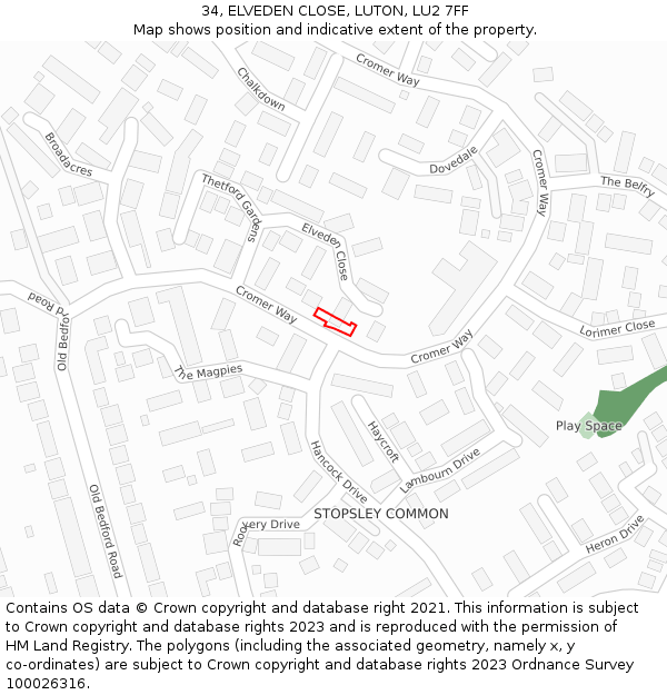 34, ELVEDEN CLOSE, LUTON, LU2 7FF: Location map and indicative extent of plot