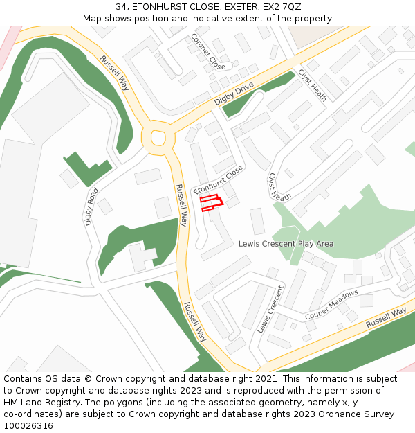 34, ETONHURST CLOSE, EXETER, EX2 7QZ: Location map and indicative extent of plot