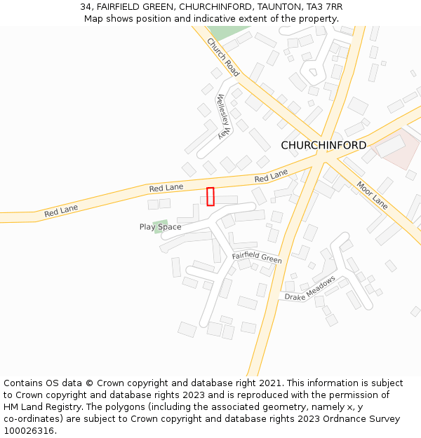34, FAIRFIELD GREEN, CHURCHINFORD, TAUNTON, TA3 7RR: Location map and indicative extent of plot
