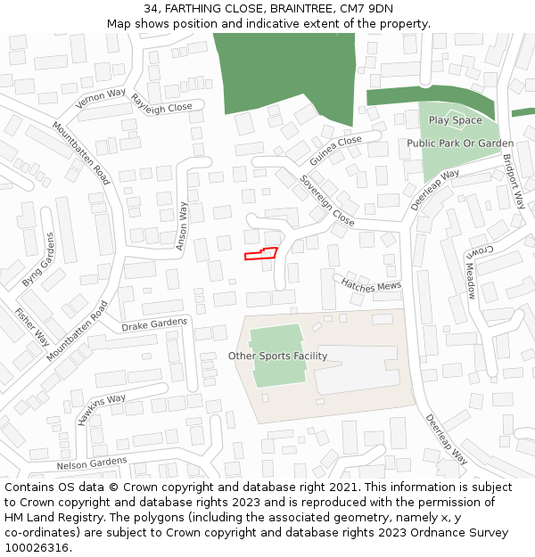 34, FARTHING CLOSE, BRAINTREE, CM7 9DN: Location map and indicative extent of plot