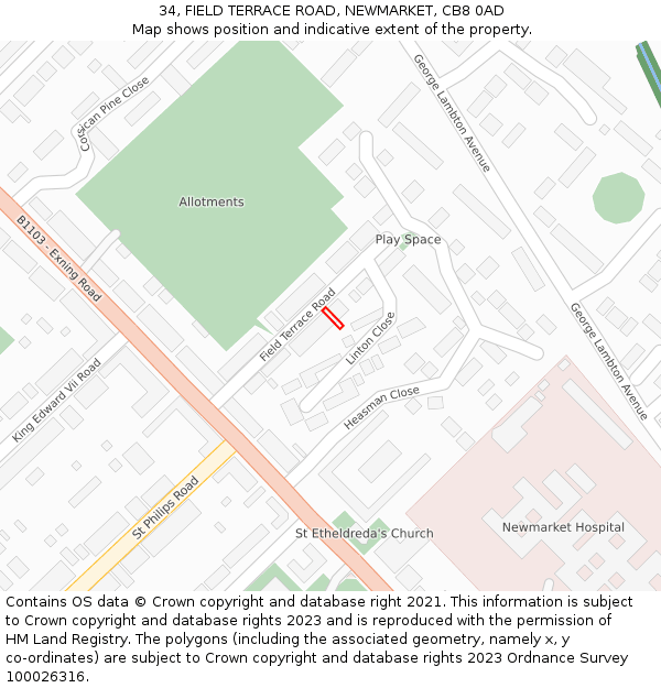 34, FIELD TERRACE ROAD, NEWMARKET, CB8 0AD: Location map and indicative extent of plot