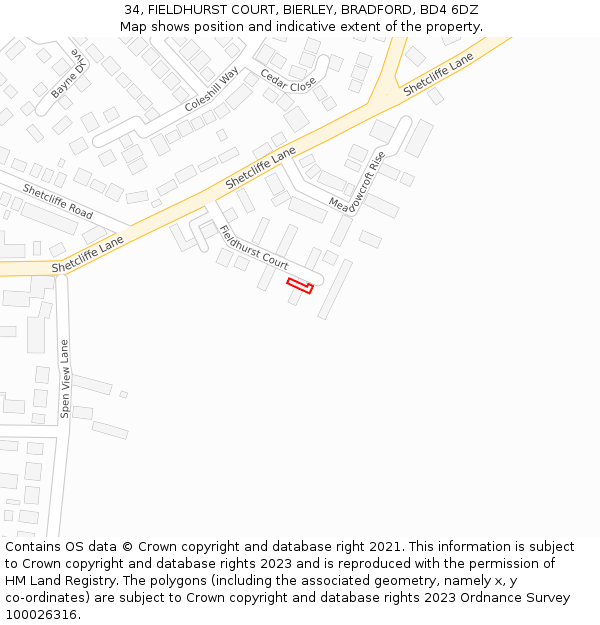 34, FIELDHURST COURT, BIERLEY, BRADFORD, BD4 6DZ: Location map and indicative extent of plot