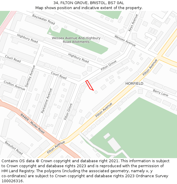 34, FILTON GROVE, BRISTOL, BS7 0AL: Location map and indicative extent of plot