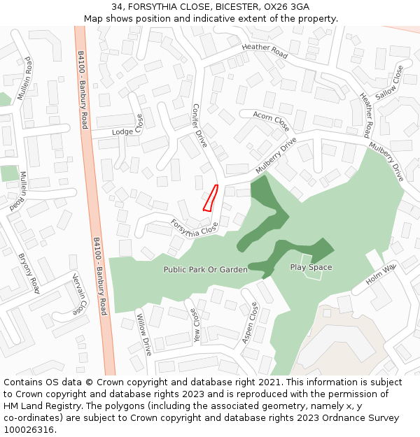 34, FORSYTHIA CLOSE, BICESTER, OX26 3GA: Location map and indicative extent of plot