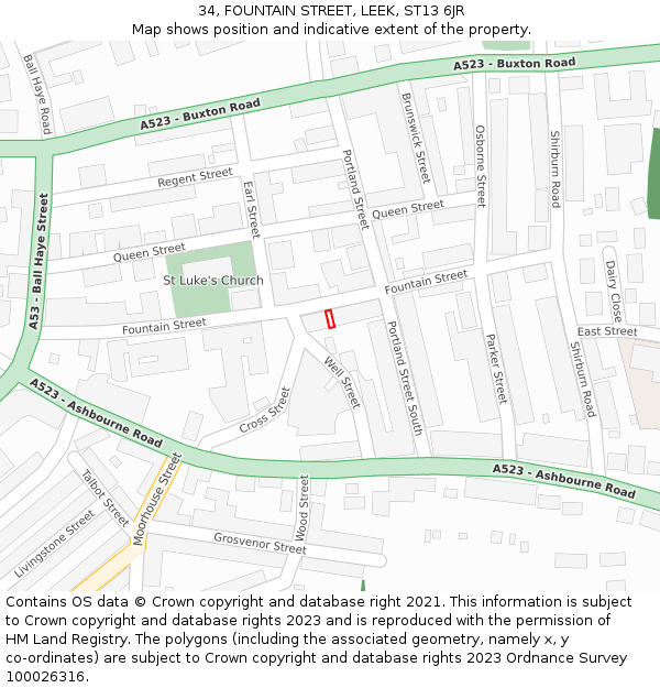 34, FOUNTAIN STREET, LEEK, ST13 6JR: Location map and indicative extent of plot