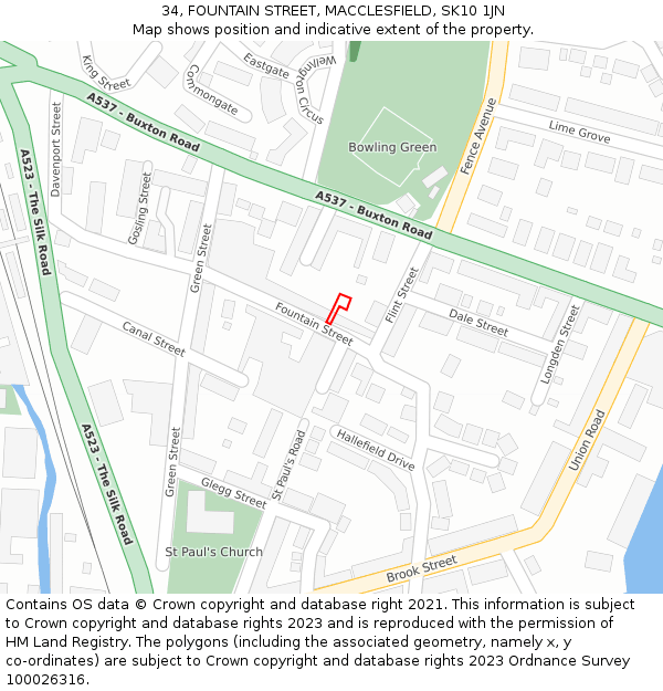 34, FOUNTAIN STREET, MACCLESFIELD, SK10 1JN: Location map and indicative extent of plot