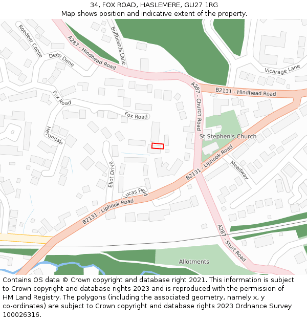 34, FOX ROAD, HASLEMERE, GU27 1RG: Location map and indicative extent of plot