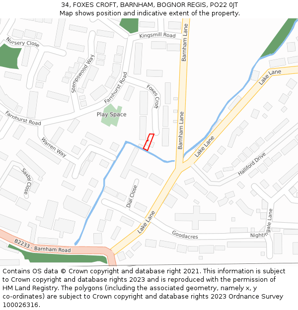 34, FOXES CROFT, BARNHAM, BOGNOR REGIS, PO22 0JT: Location map and indicative extent of plot