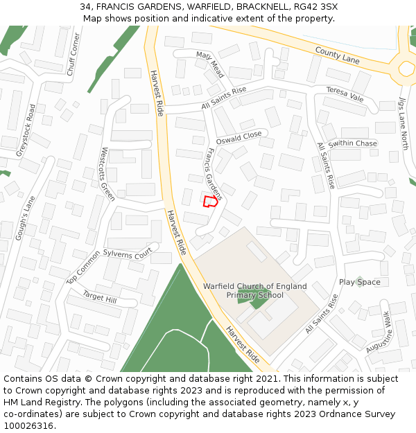 34, FRANCIS GARDENS, WARFIELD, BRACKNELL, RG42 3SX: Location map and indicative extent of plot