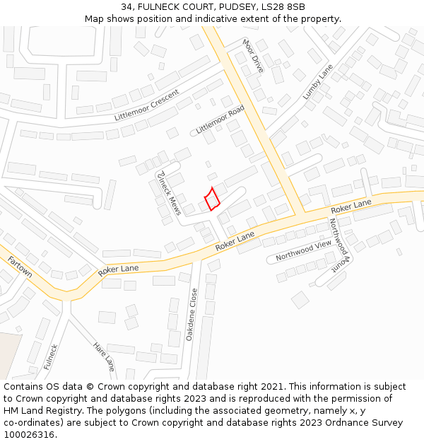 34, FULNECK COURT, PUDSEY, LS28 8SB: Location map and indicative extent of plot