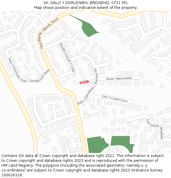 34, GALLT Y DDRUDWEN, BRIDGEND, CF31 5FL: Location map and indicative extent of plot