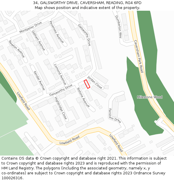 34, GALSWORTHY DRIVE, CAVERSHAM, READING, RG4 6PD: Location map and indicative extent of plot