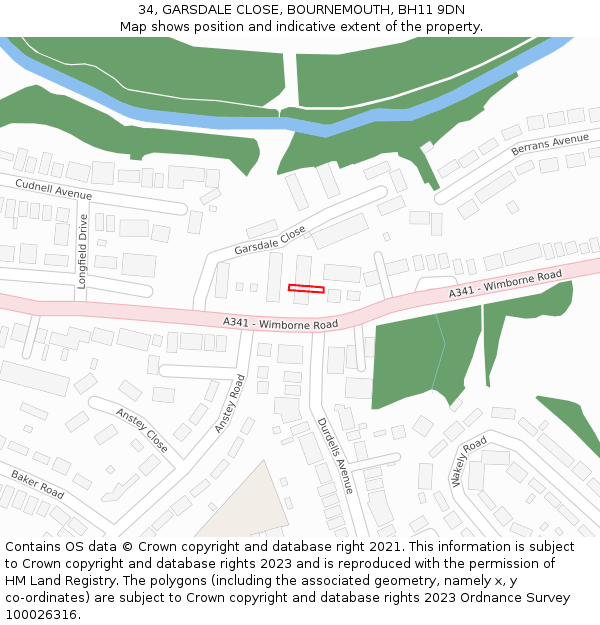 34, GARSDALE CLOSE, BOURNEMOUTH, BH11 9DN: Location map and indicative extent of plot
