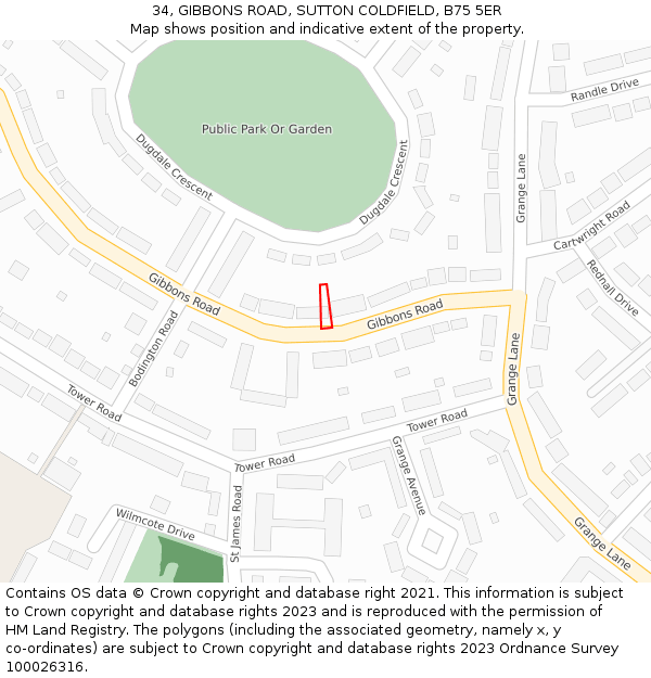 34, GIBBONS ROAD, SUTTON COLDFIELD, B75 5ER: Location map and indicative extent of plot