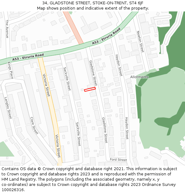 34, GLADSTONE STREET, STOKE-ON-TRENT, ST4 6JF: Location map and indicative extent of plot