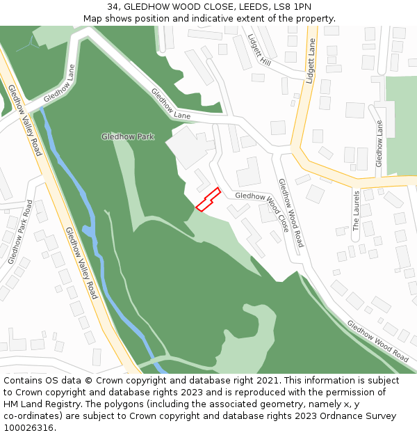 34, GLEDHOW WOOD CLOSE, LEEDS, LS8 1PN: Location map and indicative extent of plot