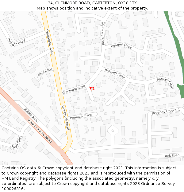 34, GLENMORE ROAD, CARTERTON, OX18 1TX: Location map and indicative extent of plot
