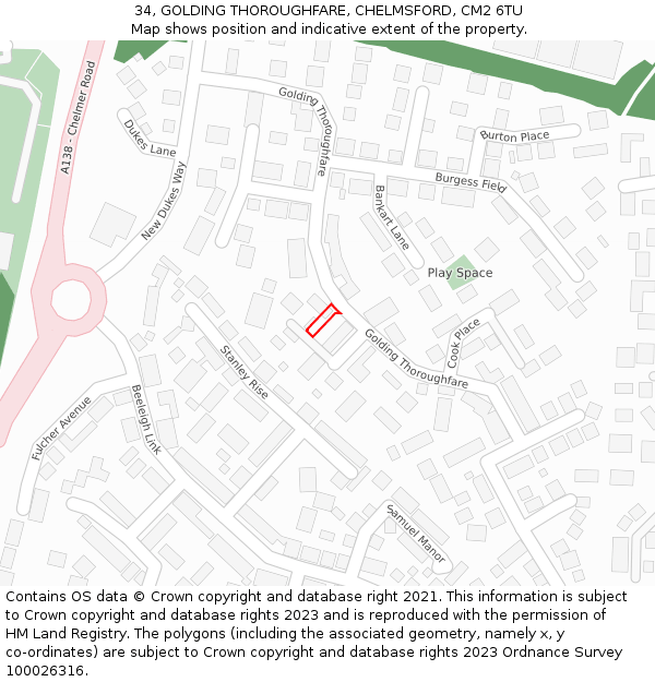 34, GOLDING THOROUGHFARE, CHELMSFORD, CM2 6TU: Location map and indicative extent of plot