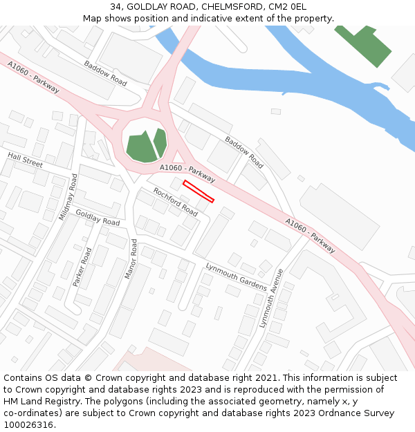 34, GOLDLAY ROAD, CHELMSFORD, CM2 0EL: Location map and indicative extent of plot