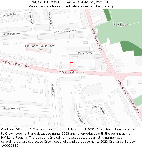 34, GOLDTHORN HILL, WOLVERHAMPTON, WV2 3HU: Location map and indicative extent of plot