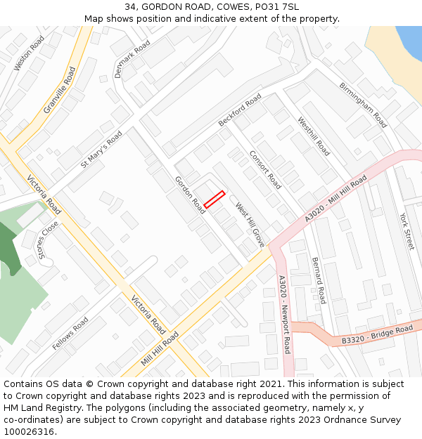 34, GORDON ROAD, COWES, PO31 7SL: Location map and indicative extent of plot