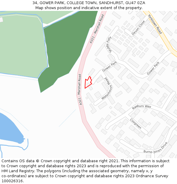 34, GOWER PARK, COLLEGE TOWN, SANDHURST, GU47 0ZA: Location map and indicative extent of plot