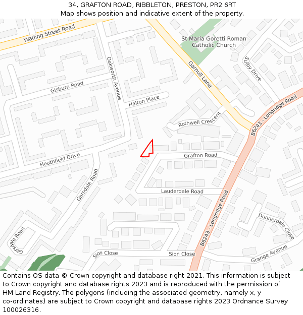 34, GRAFTON ROAD, RIBBLETON, PRESTON, PR2 6RT: Location map and indicative extent of plot