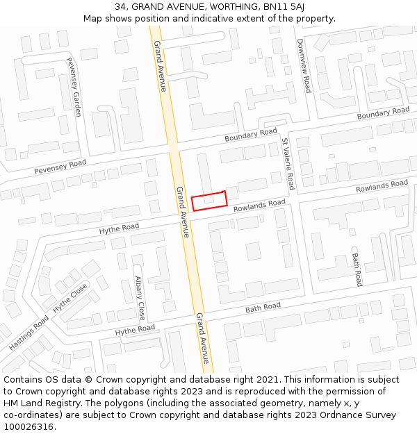 34, GRAND AVENUE, WORTHING, BN11 5AJ: Location map and indicative extent of plot