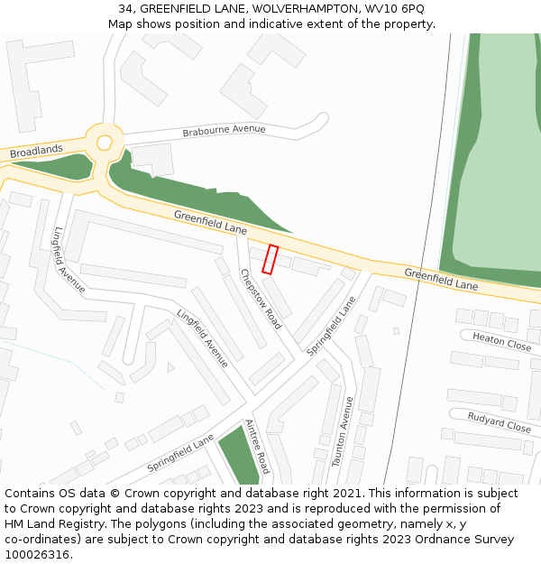 34, GREENFIELD LANE, WOLVERHAMPTON, WV10 6PQ: Location map and indicative extent of plot
