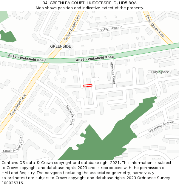 34, GREENLEA COURT, HUDDERSFIELD, HD5 8QA: Location map and indicative extent of plot