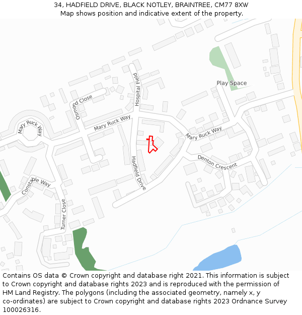 34, HADFIELD DRIVE, BLACK NOTLEY, BRAINTREE, CM77 8XW: Location map and indicative extent of plot
