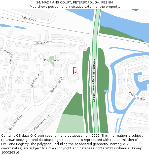 34, HADRIANS COURT, PETERBOROUGH, PE2 8NJ: Location map and indicative extent of plot